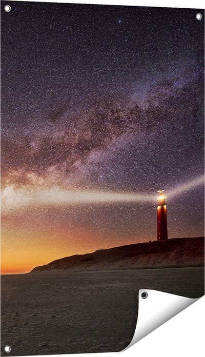 Gards Tuinposter Vuurtoren Texel in de Nacht - 60x90 cm - Tuindoek - Tuindecoratie - Wanddecoratie buiten - Tuinschilderij