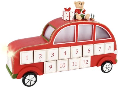 Dekoratief | Adventkalender kerstauto, rood/wit, hout, LED, 35x9x24cm | A255770