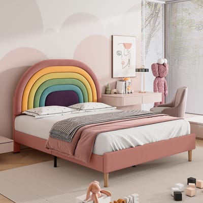 OKWISH Gestoffeerd Bed 140x200 - Tweepersoonsbed Met Lattenbodem Voor Jongeren En Volwassenen - Fluweel - Roze