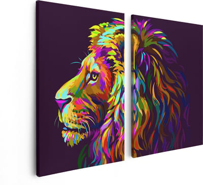Artaza Canvas Schilderij Tweeluik Gekleurde Leeuw - Leeuwenkop - Abstract - 80x60 - Foto Op Canvas - Canvas Print