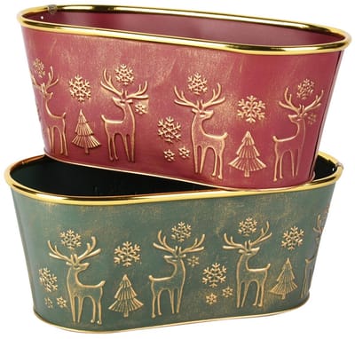 Dekoratief | Bloempot ovaal 'Deer', rood/groen, metaal, 26x13x11cm, set van 2 stuks | A255571