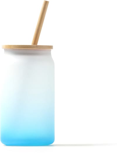 2 stuks tumbler met kleurverloop in borosilicaatglas blauw, 350 ml, bamboe deksel en rietje Merk Stamina model Dalby