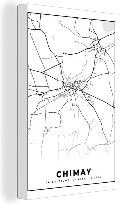 Canvas Schilderij België – Chimay – Stadskaart – Kaart – Zwart Wit – Plattegrond - 20x30 cm - Wanddecoratie