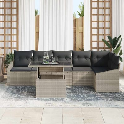 vidaXL Tuinbank Set met kussen met opslag 7 pcs Lichtgrijs poly rattan