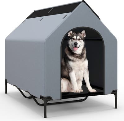 COSTWAY 2-in-1 hondenhok en verhoogd hondenbed, hondenbed outdoor, huisdierenhuis met ademend gaasweefsel en afneembare afdekking, hondenhuis voor grote honden, Oxford, grijs (84 x 132 x 114 cm)