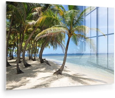 ® Glasschilderij 180x120 cm - Schilderij acrylglas - Wit zand en helder water bij de San Blas-eilanden in Panama - Foto op glas - Muurdecoratie woonkamer - Wanddecoratie slaapkamer - Schilderijen