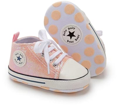 Stoere Baby Schoenen - Babysneakers van Baby-Slofje - Zalm glitter maat 17 ( 11 cm)