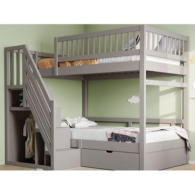 ModernLuxe Stapelbed 90x200cm - met veiligheidstrap - met 1 lade - met lattenbodem - grijs (zonder matras)