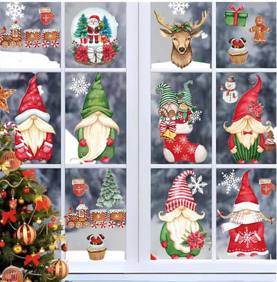 Kerst Raamstickers - 9 Vellen Zelfklevende Raamdecoratie met Kerstmannen en Sneeuwvlokken