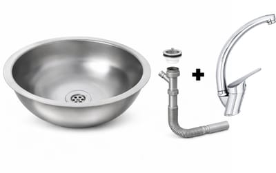 Ronde Spoelbak 34cm RVS + Keukenkraan Chroom + Sifon Set – Inbouw Wasbak voor Keuken, Caravan & Camper – Alles Inclusief