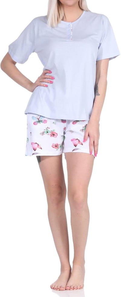 Dames shorty pyjama met korte mouwen en korte broek in bloemen vlinderprint