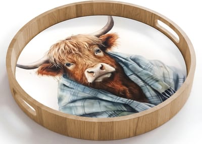 Dienblad rond 40x40 cm - Schootdienblad hout - Schotse hooglander - Deken - Wit - Borrelplank rechthoek - Plateau houten dienbladen
