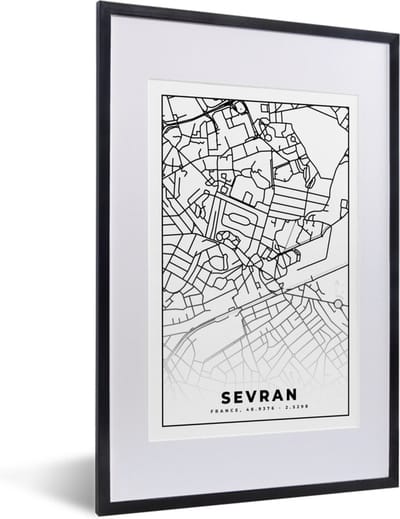 Fotolijst incl. Poster Zwart Wit- Kaart - Sevran - Frankrijk - Stadskaart - Plattegrond - Zwart wit - 40x60 cm - Posterlijst