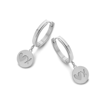 CO88 Collection Sense 8CE-70124 Stalen oorringen met hanger - rond - hart en kus - 15mm - Zilverkleurig