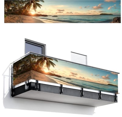 Balkonscherm 500x100 cm - Balkonposter Strand - Palmbomen - Oceaan - Zonsondergang - Balkon scherm decoratie - Balkonschermen - Balkondoek zonnescherm
