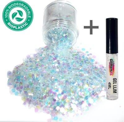 GlittersXL - Chunky Glitters (Ice Blauw) + Glitter Huid Lijm [Volume 8g - Festival Jewels Glitter Outfit Lichaam en Gezicht - Make-up Diamond Dots Face Body - Diamantjes Strass Steentjes - Kinderen Volwassenen Dames Makeup Tattoo Mastix Schmink]