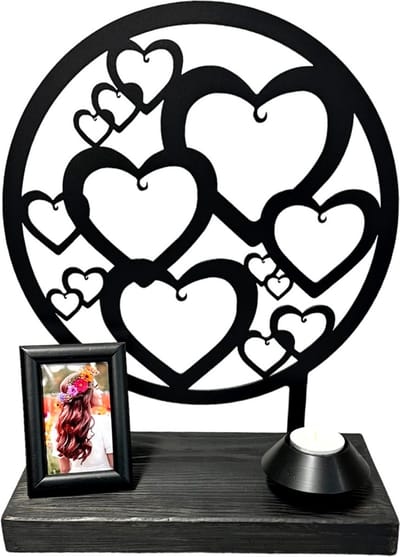 Hartjes van gecoat staal - gedenk urn - plateau sokkel massief hout - 28cm - 10ml as-buisje