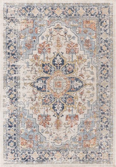 SURYA - SELMA - Stijlvol vintage tapijt - Blauw/roest- Geschikt voor buiten