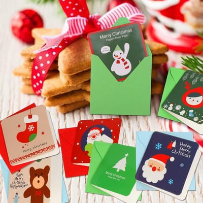 Dailygoods- Kerstkaarten Set van 144 - Mini Kerstkaarten - Blanco voor Kerstgroeten - 24 Unieke Motieven - Inclusief Enveloppen - 6,9 x 6,9 cm - Wenskaarten