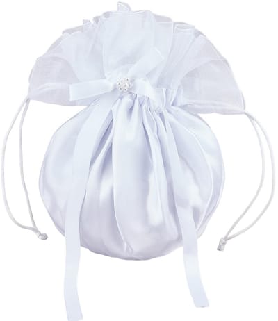 Allecto - Bruids Tas - Bruidsmeisje Handtas - Satijn Versierd - Witte Bloemen - Geld Portemonnee - Decoratie Bruiloft - Trekkoord Opbergzak