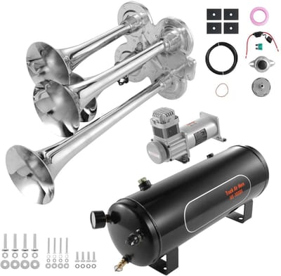 CORE Treintoeter - Set van 4 trompetten - Luchttoeter set - 150dB - 10L Inhoud compressor - 120psi - 12v - Voor Auto Trcuk Bus Trein Boot - Compressor 17x56.5x20.5cm - Toeter 15x34.5x17cm - Zwart en Chrome