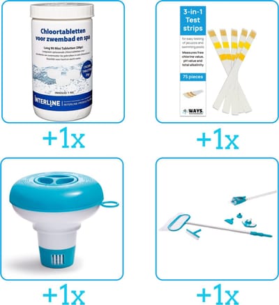 Zwembad Onderhoudspakket - Onderhoud Zwembad - bevat Chloor - Testrips - Chloordrijver en Schoonmaakset (4-delig)
