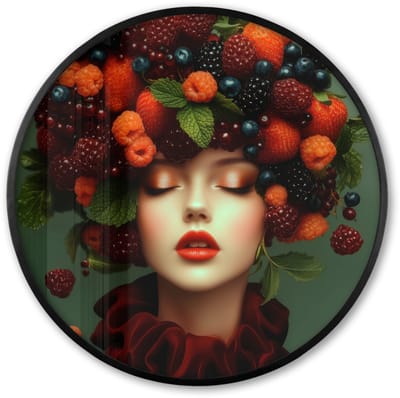 Poster in lijst Rond - Fotolijst 60x60 cm - Posters - Vrouw - Aardbeien - Frambozen - Bramen - Bessen - Ronde posterlijst zwart - Decoratie - Wanddecoratie woonkamer - Muurdecoratie slaapkamer