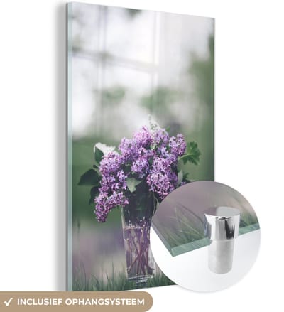 ® Glasschilderij 120x180 cm - Schilderij acrylglas - Zoet geurende sering in glazen vaas - Foto op glas - Muurdecoratie woonkamer - Wanddecoratie slaapkamer - Schilderijen