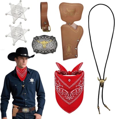 Complete Cowboy Kostuum Accessoires Set voor Mannen met Bandana, Holster, Sheriff Badge en Meer voor Carnaval en Cosplay