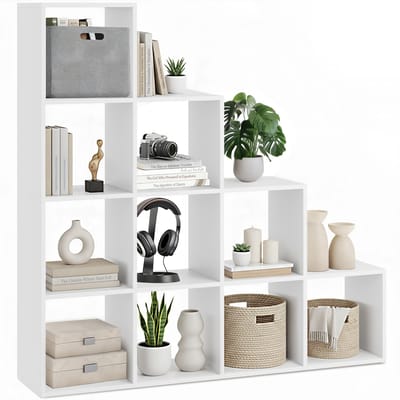 tectake® Boekenkast Talisa - Open Kast met 10 vakken - 130 x 29 x 130 cm - Trapvormige Vakkenkast - Boekenplank - Trapplank - Opbergruimte - Roomdivider Kasten