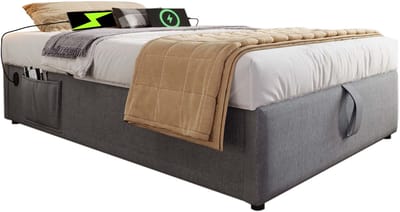 Wishdor Opbergbedframe 90x190 cm - Hydraulische Opbergruimte & USB‑C - Zonder Hoofdbord - Katoenlinnen Grijs