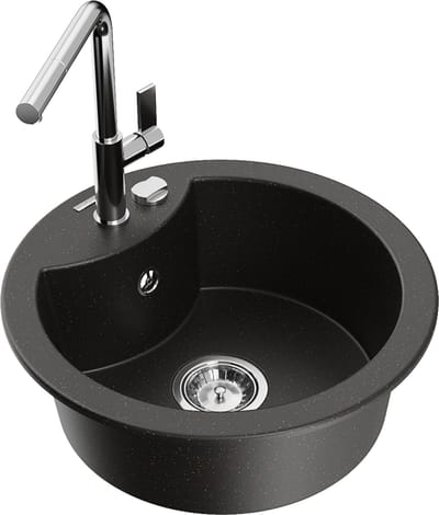 Mexen Diego granieten gootsteen met 1 bak en Flora keukenkraan, zwart/goud metallic - 6512-75-670401-00
