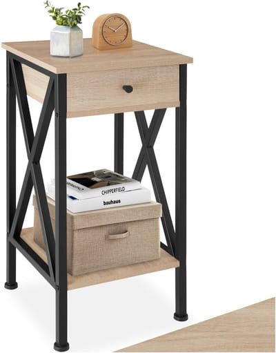 tectake® Bijzettafel met lade en 2 planken - Nachtkastje in industrieel design - Voor woonkamer, slaapkamer, kantoor, hal - Zwart metalen frame - Afmeting (LxBxH) 35 x 35 x 70,5 cm - Lichtbruin