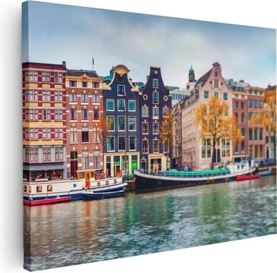 Artaza Canvas Schilderij Amsterdamse Grachten - 40x30 cm - Klein - Wanddecoratie Woonkamer - Muurdecoratie Boot - Kamer Accessoires Herfst