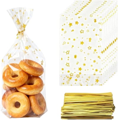Transparante cellofaanzakjes voor Kerstmis, 100 stuks met gouden sterren, 24 x 15 x 4 cm, ideaal voor koekjes en cadeautjes