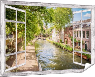 Gards Tuinposter Doorkijk Oudegracht in Utrecht - 180x120 cm - Tuindoek - Tuindecoratie - Wanddecoratie buiten - Tuinschilderij