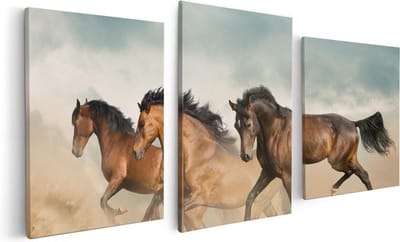 Artaza Canvas Schilderij Drieluik Drie Bruine Paarden - 120x60 cm - Wanddecoratie Woonkamer - Schilderijen - Muurdecoratie