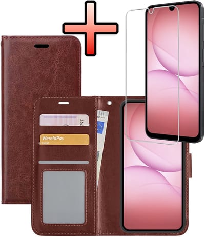 Hoesje - Met Screenprotector - Geschikt voor Samsung Galaxy A17 - Luxe Pasjeshouder - Bookcase Portemonee - Flip Case - Kunstleer Book Case - Flipcase - Book Cover - Walletcase - Portemonneehoes - Bruin