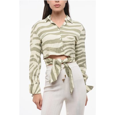 Cropped shirt met dierenmotief en knoopdetail in beige en verde