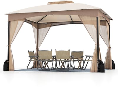 COSTWAY Paviljoen 3 x 3,6 m, tuinpaviljoen met 4 zandzakken en 4 klamboe & dubbel dak, waterdicht & stabiel & winterbestendig, tuintent incl. haken, partytent voor terras tuin (kaki)