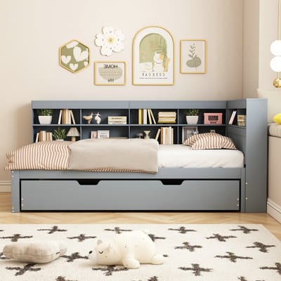VVBV Uitschuifbare Slaapbank 90x200 cm + 90x190 cm met Uitschuifbed, Planken - USB & Stopcontact - Massief Hout Grijs