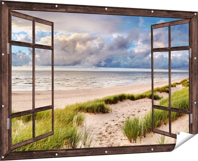 Gards Tuinposter Doorkijk Strand en Duinen met Bewolking - 180x120 cm - Tuindoek - Tuindecoratie - Wanddecoratie buiten - Tuinschilderij