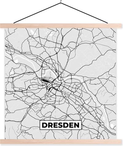 Posterhanger incl. Poster 40x40 cm - Schoolplaat - Dresden - Kaart - Stadskaart - Plattegrond - Duitsland - Textielposter - Blanke latten - Stadskaart
