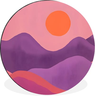 WallCircle - Wandcirkel - Muurcirkel - Zon - Heuvels - Paars - Abstract - Aluminium - Dibond - 30x30 cm - Binnen en Buiten