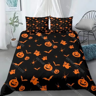 Halloween Dekbedovertrek Set Halloween Thema Comfortabele Beddengoedset Digitale Print Ruitpatroon Schattige Geest Pompoen Eén Dekbedovertrek EU Single 90x200cm