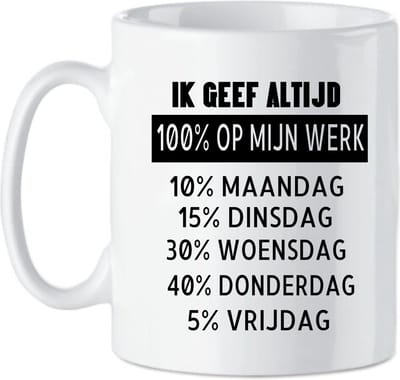 Koffie beker - thee mok Ik geef 100% op mijn werk - collega - werkvloer