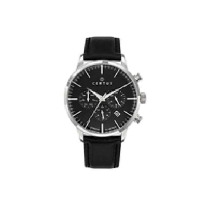 Certus-model 611138-horloge-heren-chrono-datum-zilverkleurig-zwart leder-diameter 41 mm-5 atm waterdicht-made in France