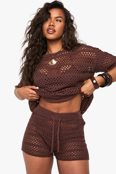 boohoo Dames Gehaakte oversized gebreide top en knicker short set | Chocoladebruin | Maat: Medium