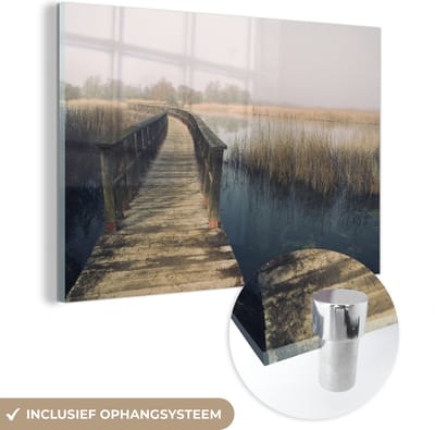® Glasschilderij 180x120 cm - Schilderij acrylglas - Houten voetgangersbrug in het Spaanse Nationaal park Tablas de Daimiel - Foto op glas - Muurdecoratie woonkamer - Wanddecoratie slaapkamer - Schilderijen