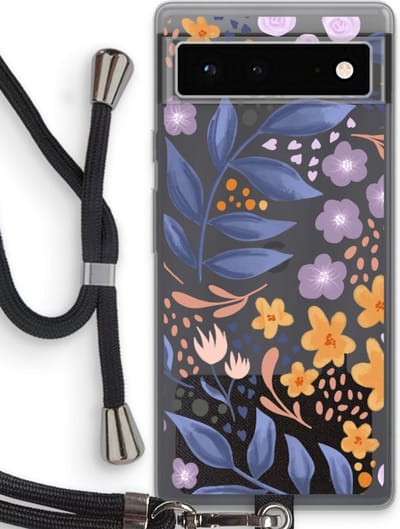Case Company® - Hoesje met koord geschikt voor Google Pixel 6 hoesje met Koord - Flowers with blue leaves - Telefoonhoesje met Zwart Koord - Bescherming aan alle Kanten en Over de Schermrand